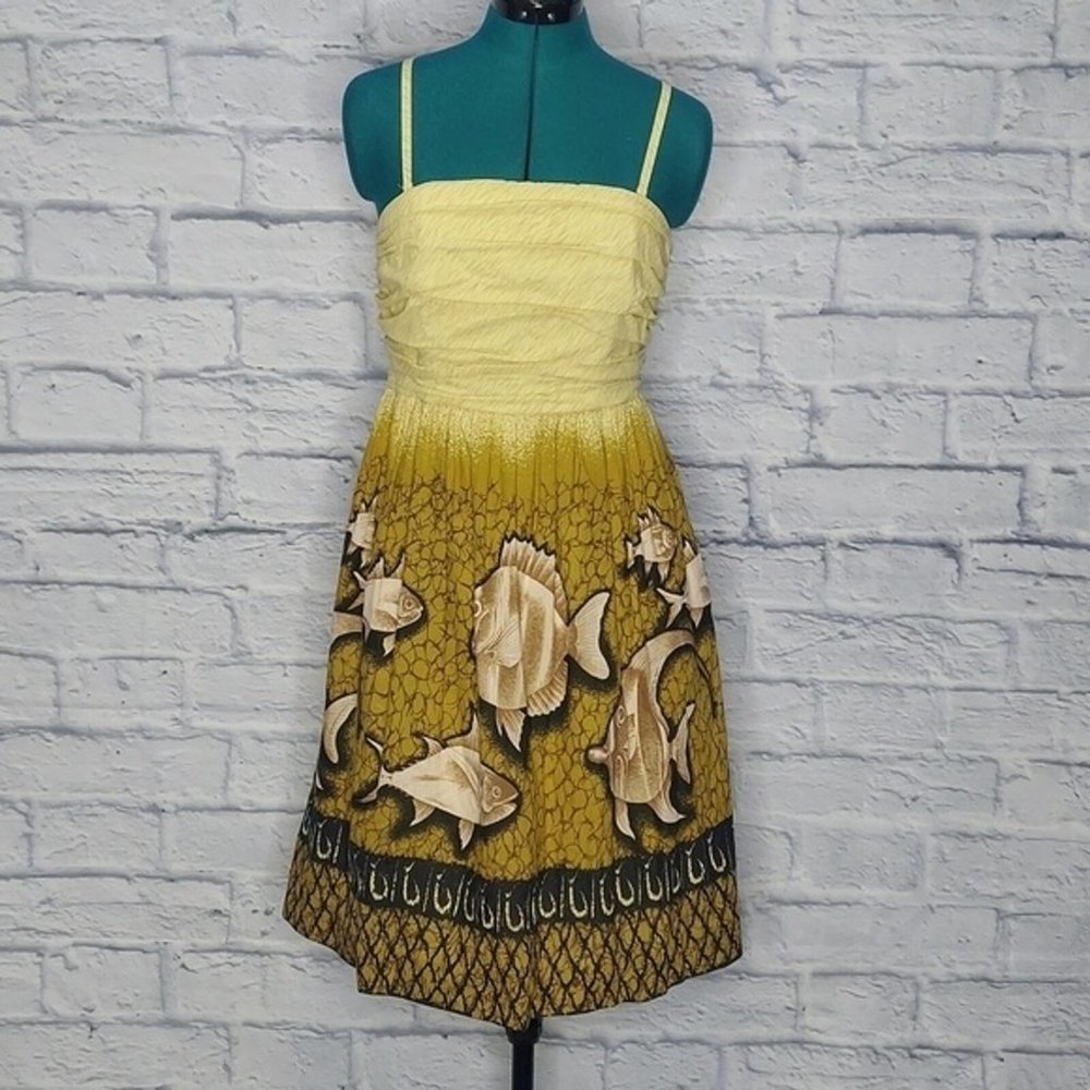 Anthropologie Vanessa Virginia Baxter Bay Fish Print Cotton Dress Sz 8